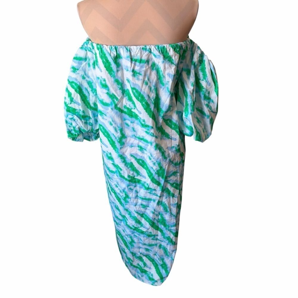 London Label Green White Off Shoulder Midi Dress Size 10 Tropical Resort Vacatio - Picture 4 of 9